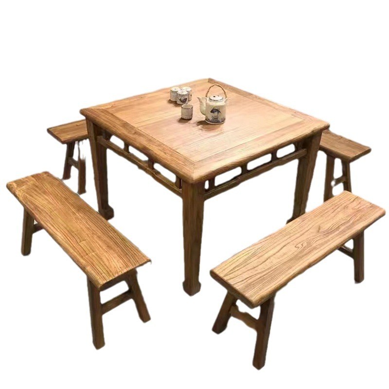 厂家老榆木餐桌做旧实木桌咖啡厅商用餐厅饭店火锅店原木四人桌椅