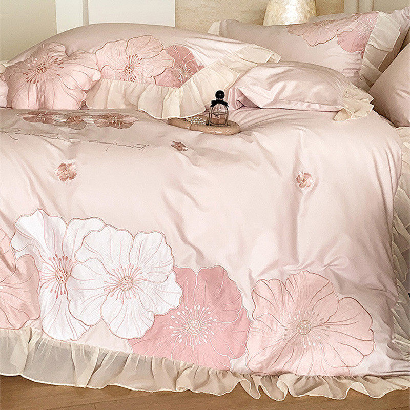 热销公主风花卉法式100S长绒棉贴布绣四件套全棉纯棉被套荷叶边床