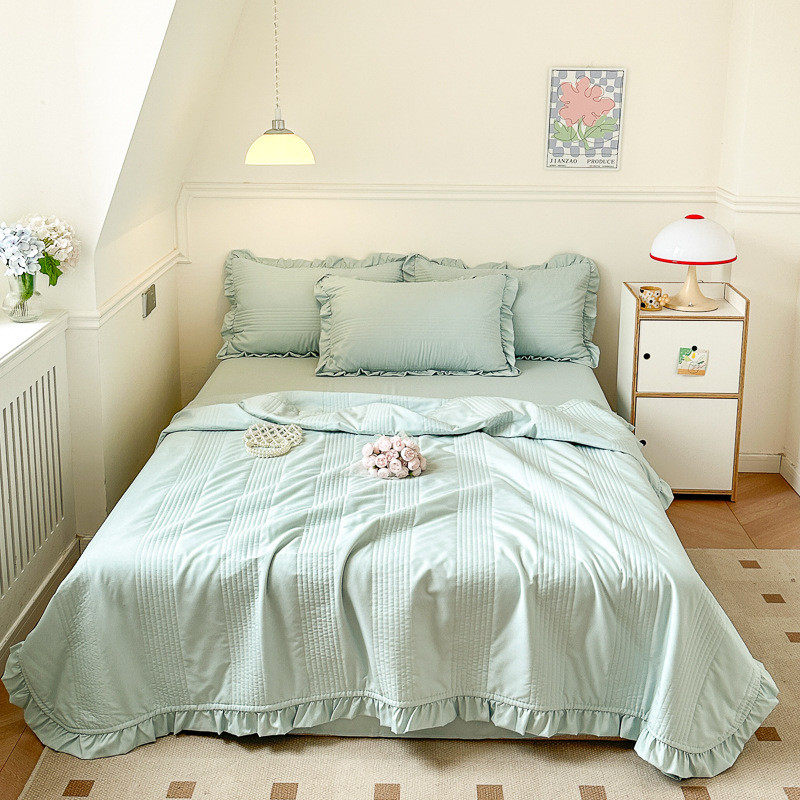 ins奶油色水洗纱夏凉被四件套少女花边夏被空调被机纯色可简约洗,床上用品,化纤被,淘宝优惠券,粉丝福利购,淘宝优惠卷
