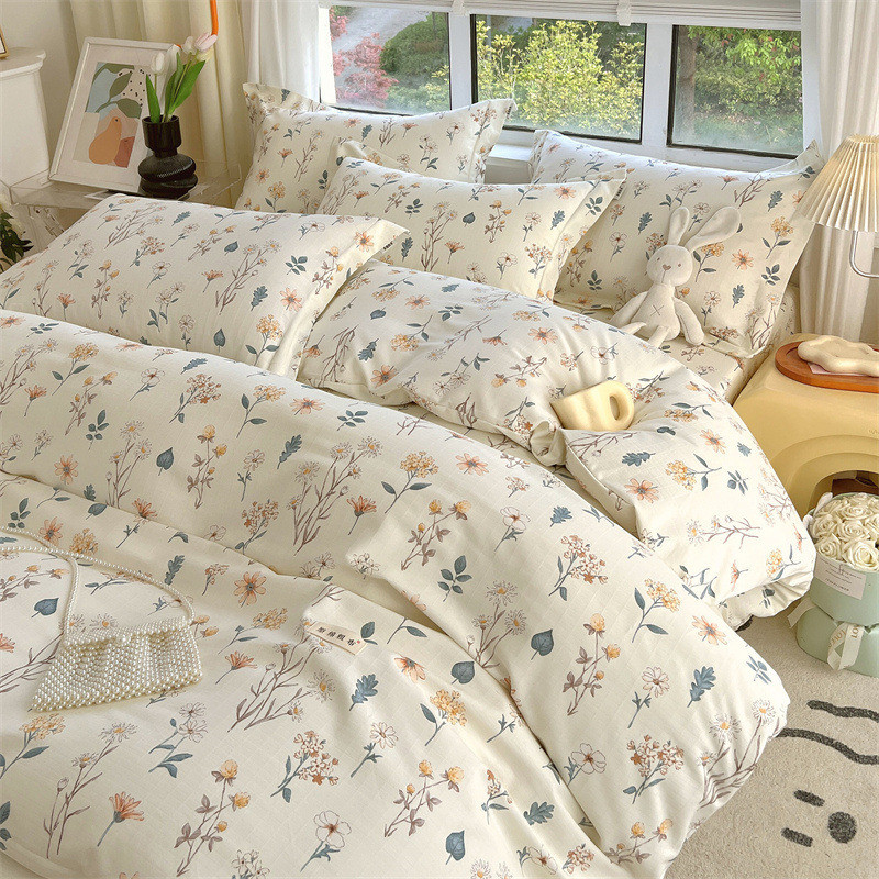 纯棉老粗布四件套老式棉布小清新碎花原棉被套床单宿舍床上用品