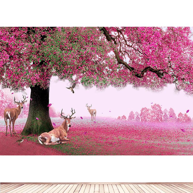 粉色樱花装饰画大树梅花鹿红叶风景画电视背景墙客厅卧室墙贴壁画图片
