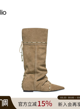 赵昭仪同款unfolio25新款及膝长靴可折叠两穿尖头靴褶皱堆堆靴子