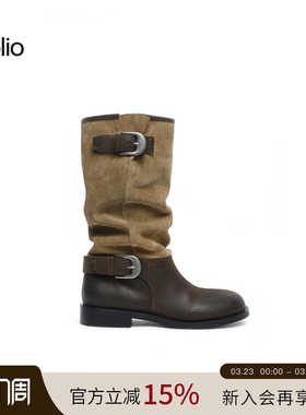 马思纯同款unfolio金属搭扣长筒堆堆靴圆头中筒骑士靴子女