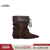 unfolio25新款 游牧风尖头堆叠感短靴系带踝靴堆堆靴子女