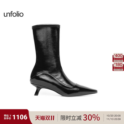 unfolio经典尖头中跟弹力踝靴小猫跟短靴一脚蹬靴子百搭