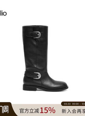 unfolio2026款金属搭扣长筒堆堆靴复古圆头长筒靴骑士靴子女