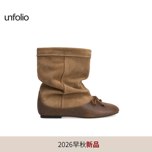 unfolio26PF新款经典拼接堆堆靴芭蕾踝靴翻边蝴蝶结短靴子女