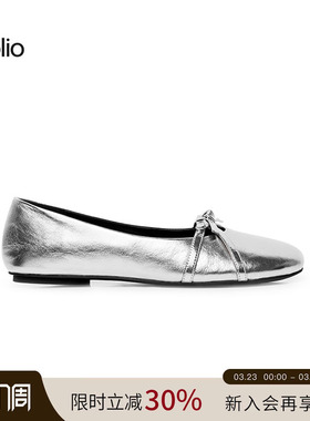 unfolio25款银色芭蕾舞鞋圆头单鞋休闲鞋蝴蝶结束带玛丽珍鞋女