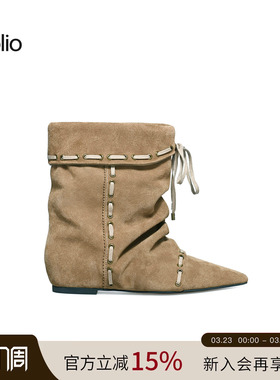 董生活推荐unfolio25新款堆叠感踝靴游牧风尖头短靴堆堆靴子女