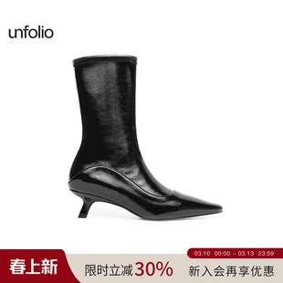 unfolio经典尖头中跟弹力踝靴小猫跟短靴一脚蹬靴子百搭