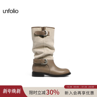 unfolio2025年新款 金属搭扣堆堆靴圆头中筒靴两穿靴子女