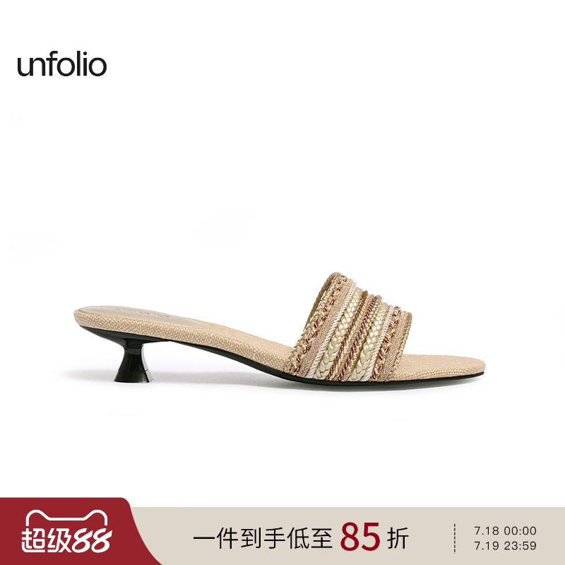unfolio手工编织凉鞋小猫跟