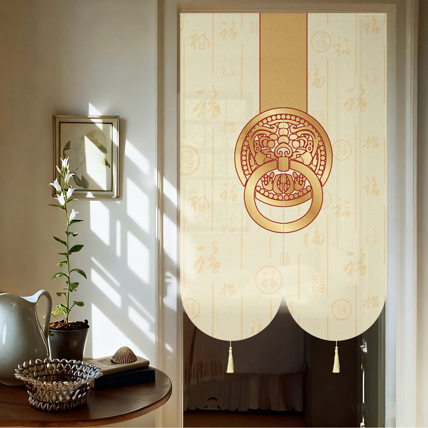 新款高档超好看中式古风半透隔断隐私门帘卧室免打孔伸缩杆一整套