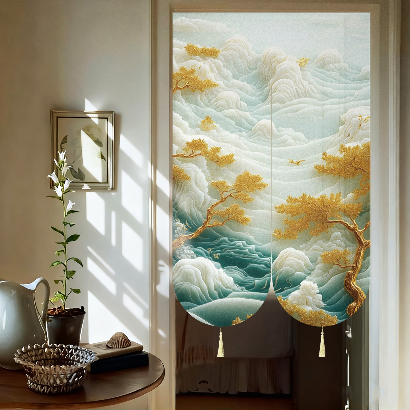 新款高档超好看古风中式风水化解隔断遮挡门帘免打孔伸缩杆一整套