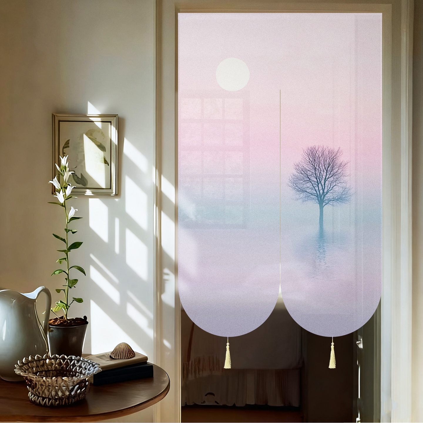 新款高档超好看中式山水风水化解隔断遮挡隐私门帘免打孔伸缩杆