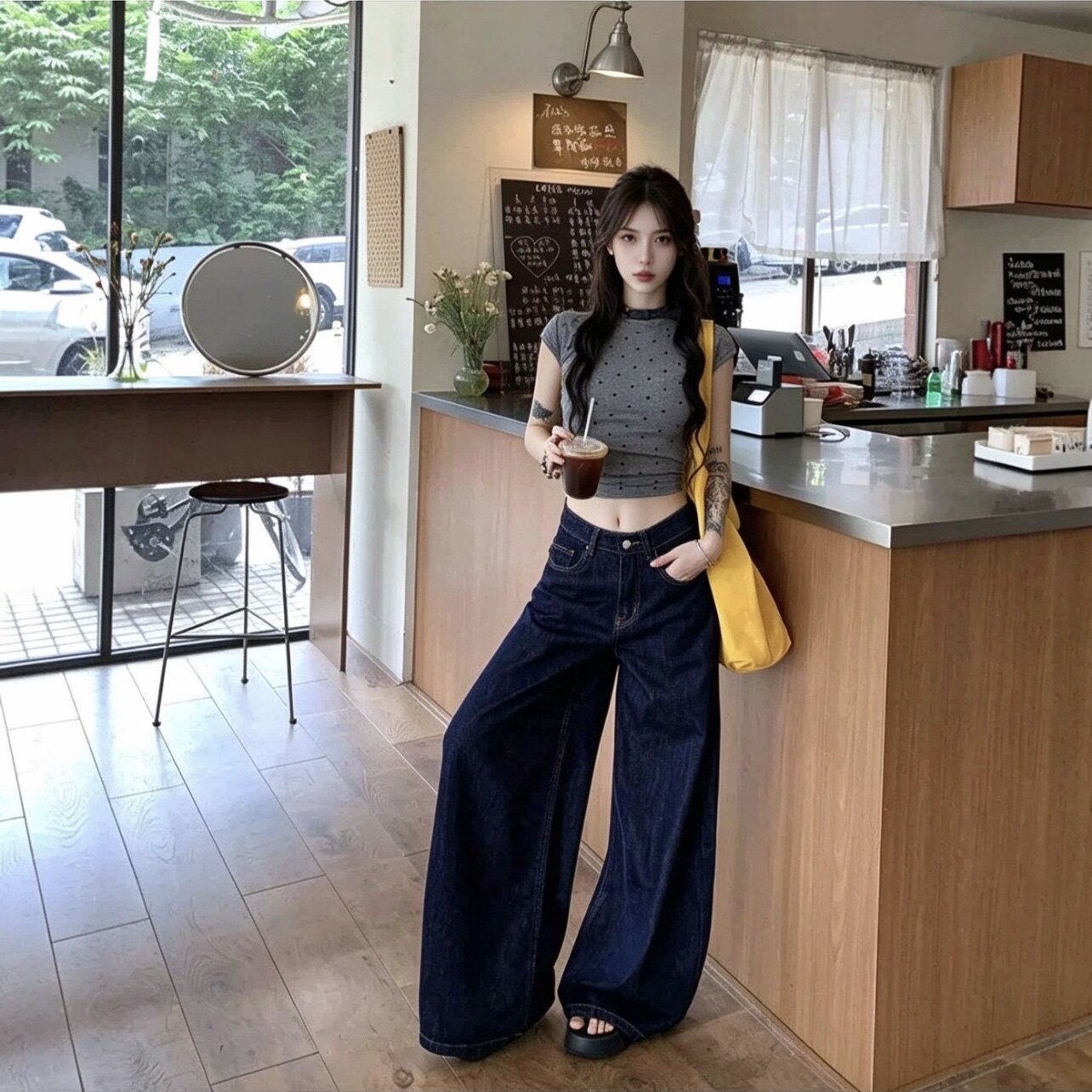 ASHLEYASS美式复古深蓝色高腰阔腿牛仔裤女夏季宽松显瘦拖地长裤