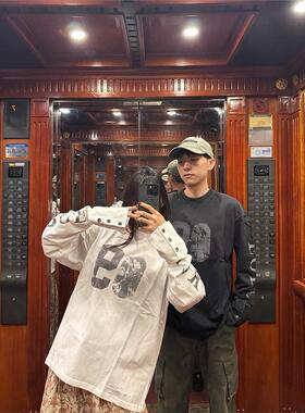 美式覆古8号印花长袖t恤女秋季2025新款情侣宽松慵懒风打底衫上衣