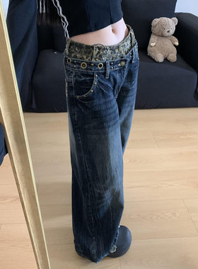 国潮牌蓝色纽扣拉链做旧水洗牛仔裤女春秋设计感修身显瘦休闲长裤