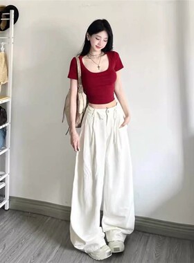 美式甜辣妹正肩短袖T恤女装夏季新款修身显瘦独特短款T恤小上衣