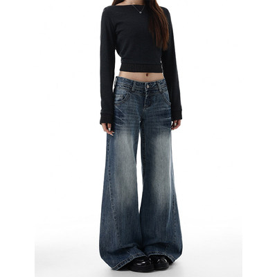 美式阔腿牛仔裤女高腰宽