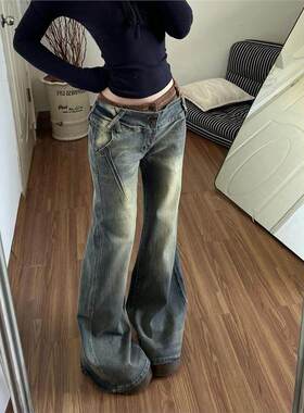 美式复古低腰拼接微喇牛仔裤女秋冬款高街设计感宽松显瘦喇叭裤子