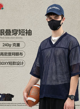 BE男装|夏季美式潮牌Boxyfit短宽网眼镂空V领短袖T休闲上衣t恤男