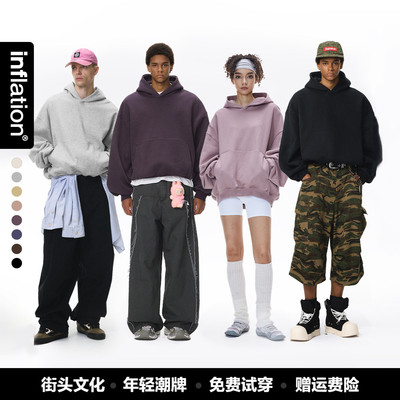 inflation男装|弯刀短款连帽卫衣秋冬季美式加绒连帽衫蛋壳绒卫衣