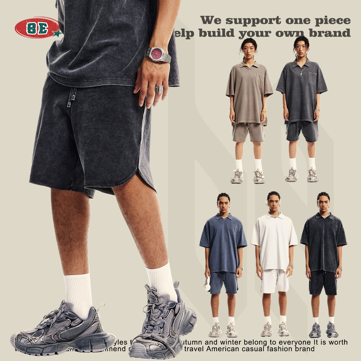 BE男装夏季358G磨毛工艺水洗做旧青少年情侣健身运动男士休闲短裤