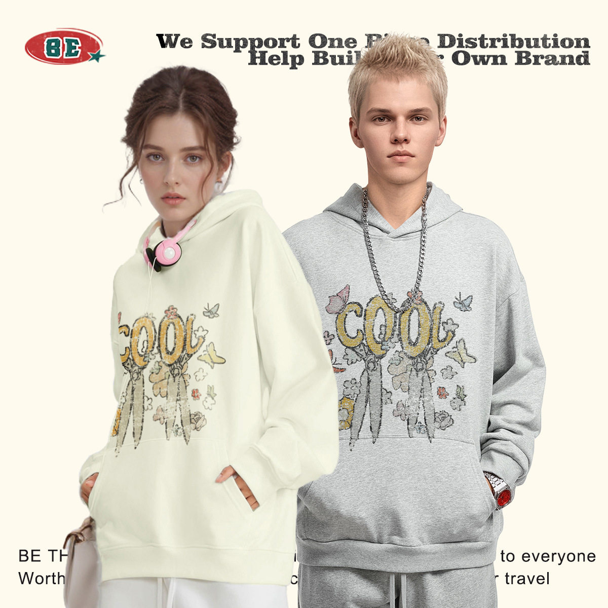 BE男装|2025秋季美式潮牌买手店蝴蝶鲜花连帽卫衣男女同款情侣装