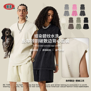 套装 BE男装 潮牌运动健身破洞卷边坎肩背心五分裤 2025夏季 男 美式
