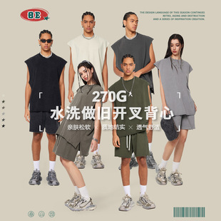 BE男装 背心男 2025夏季 街头潮牌宽松上衣270G复古水洗做旧开叉无袖