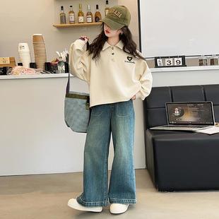 潮儿童秋季 2024新款 洋气韩版 休闲牛仔 POLO衫 女童秋装 商城同款 套装