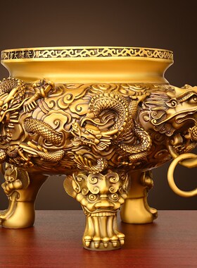 纯黄铜香炉九龙摆件客厅家用佛堂室内双龙香炉烧香熏炉特大号祠堂
