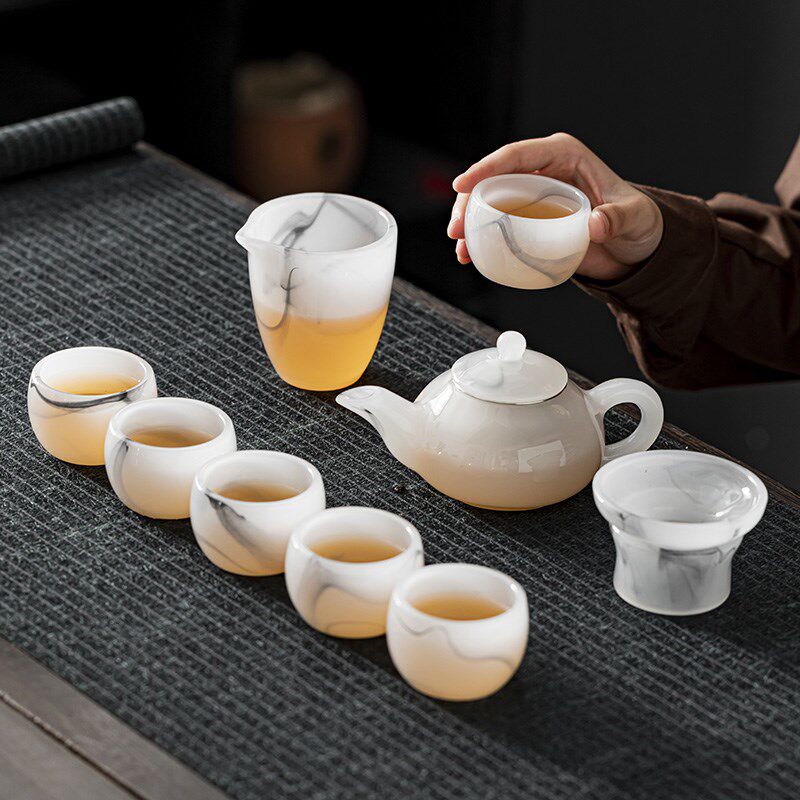 琉璃功夫茶具套装家用办公送礼泡茶壶盖碗水墨白玉茶X杯高档礼盒图片
