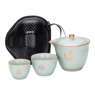 汝窑开片一壶两杯旅行茶具陶瓷小套装鎏金汝瓷Q冰裂便携泡茶快客