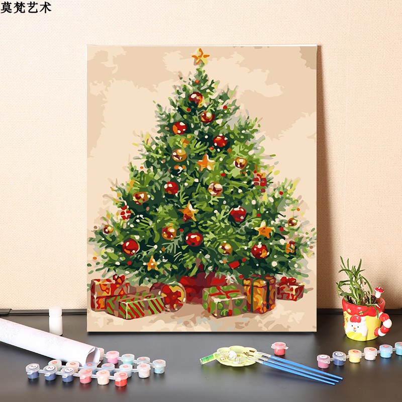 数字油画diy填l充手工礼物圣诞树圣诞节居家神器解闷填色油彩画画