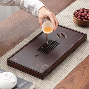 茶盘家用小型沥水储品竹茶台功夫茶具竹制茶海简约.干泡盘托 中式