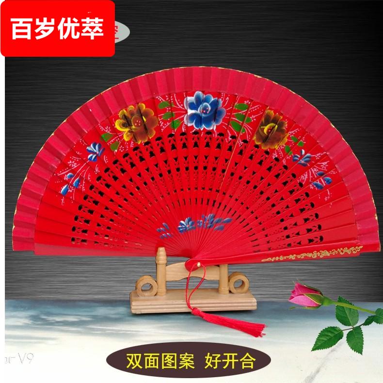 好开合大红色中国风女式扇子舞蹈古风汉服流苏旗袍表演折扇骨镂空