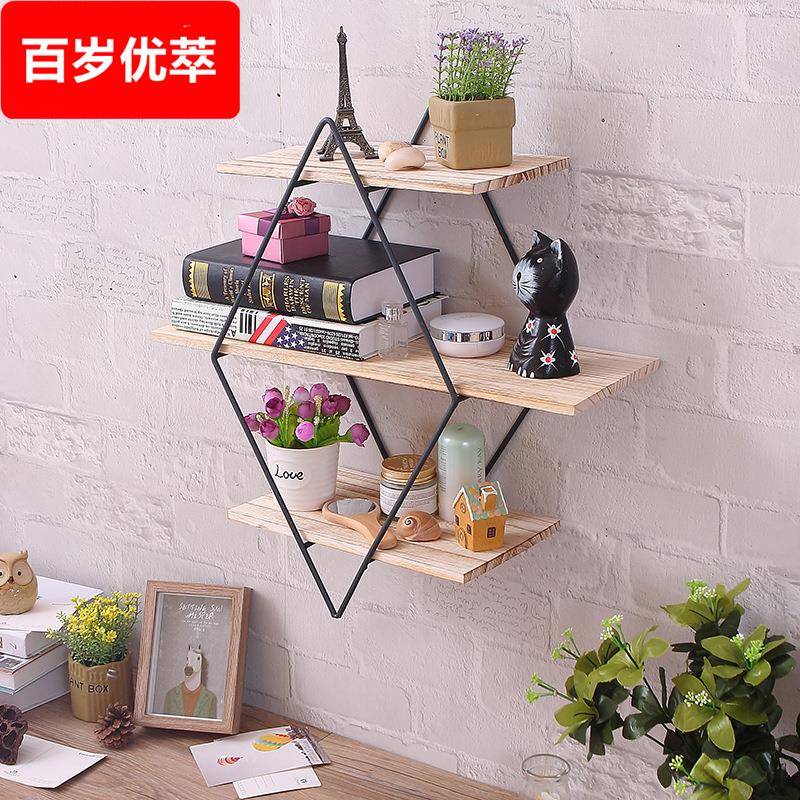 菱形铁艺木质墙上书架置物架 复古实木板壁挂架 创意墙壁隔板
