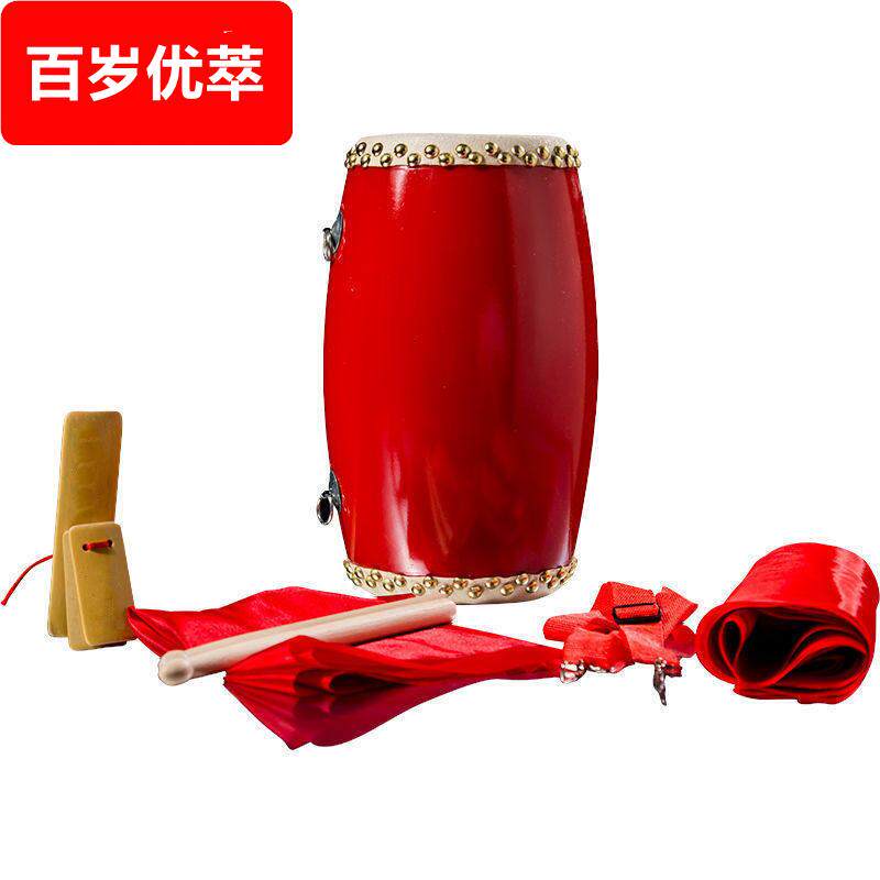 实木腰鼓真牛皮成人全套大人儿童木质秧歌舞蹈安塞腰鼓送绸带鼓槌