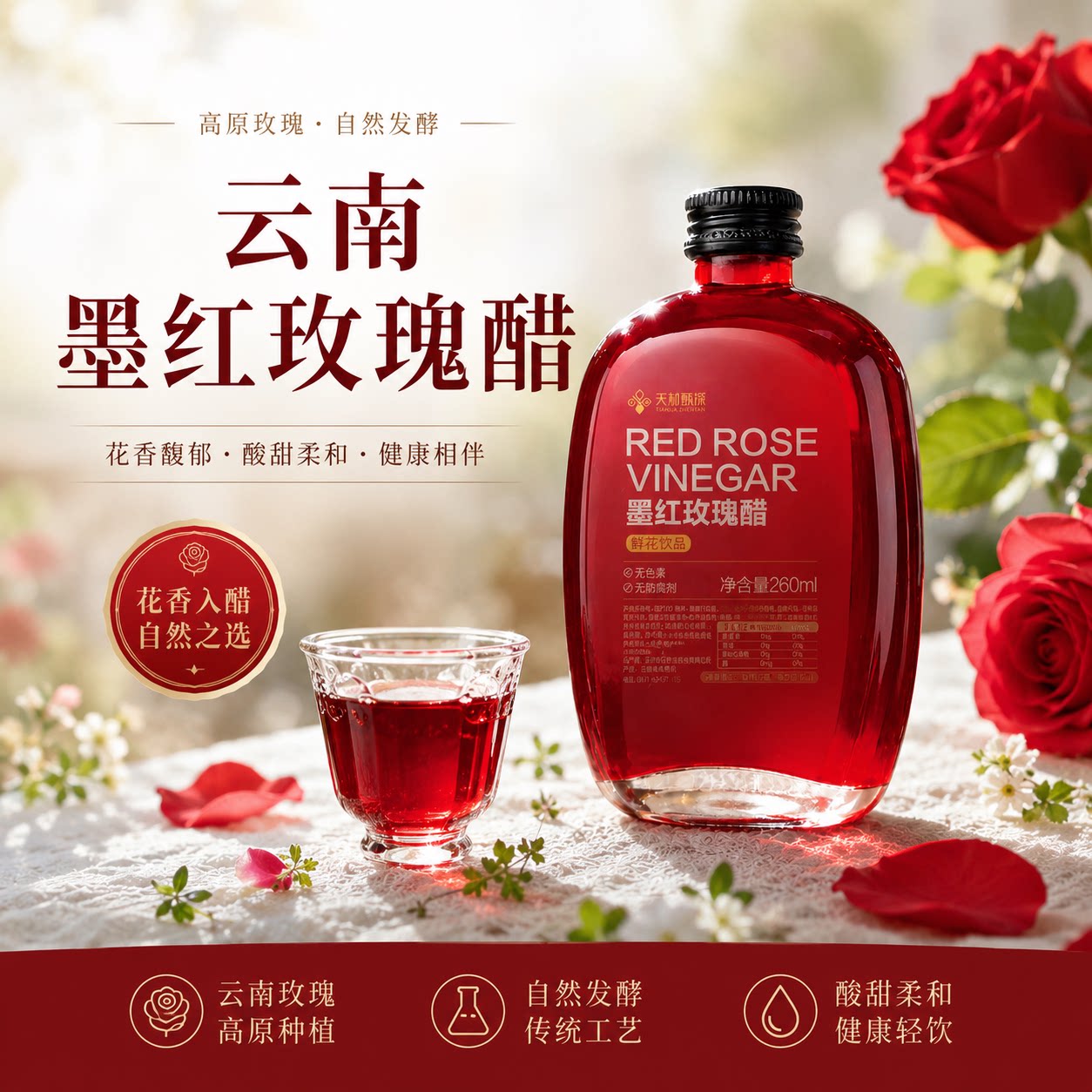 云南墨红玫瑰醋荞麦醋可食用玫瑰花瓣玻璃瓶装云南特色260ml/瓶图片