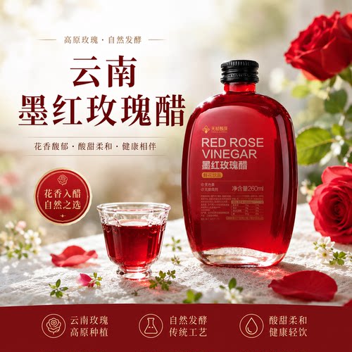 云南墨红玫瑰醋荞麦醋可食用玫瑰花瓣玻璃瓶装云南特色260ml/瓶
