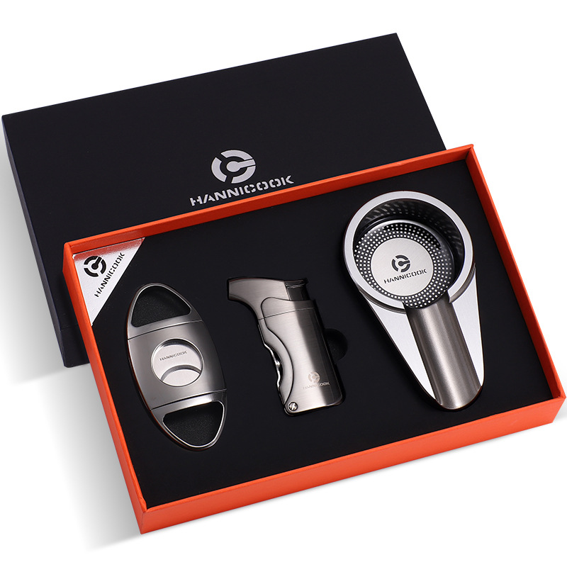 正品四火直冲金属陶瓷烟灰缸不锈钢雪茄剪三件套装礼盒装