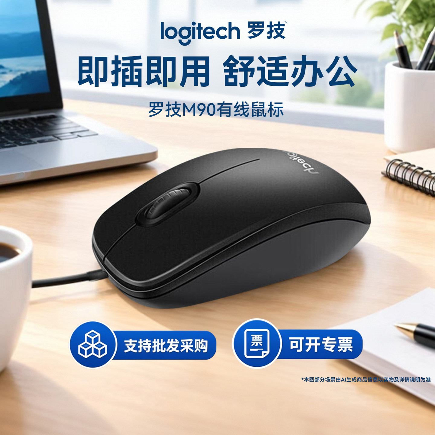 罗技M90有线鼠标笔记本办公家用台式电脑通用轻音usb滑鼠双手对称