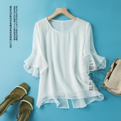 女夏季 真丝双层防晒纯色短上衣t恤圆领套头气质桑蚕丝休闲小衫 薄