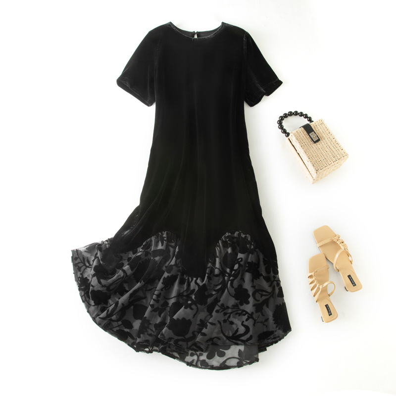 秋冬季女法式圆领拼接蕾丝真丝丝绒吊带连衣裙黑色短袖桑蚕丝长裙