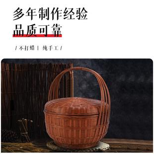 竹编提篮圆形带竹筐盖竹编筐子竹篮头层竹收纳筐手提篮带盖子竹篮