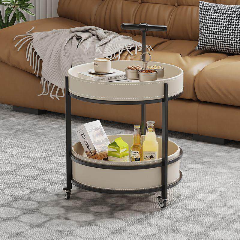 意式极简马鞍皮可移动边几双层带轮小推车茶几简约客厅沙发边几创