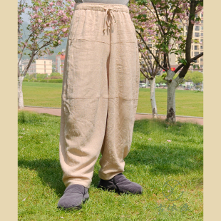 萝卜裤 古依源苎麻棉松紧腰男女士宽松休闲打坐禅修太极裤 灯笼裤