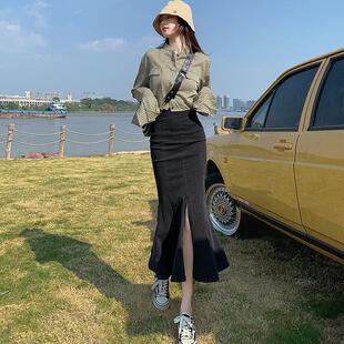 MGHG开叉牛仔半身裙a字2025年新款中长款鱼尾裙设计感小众包臀裙